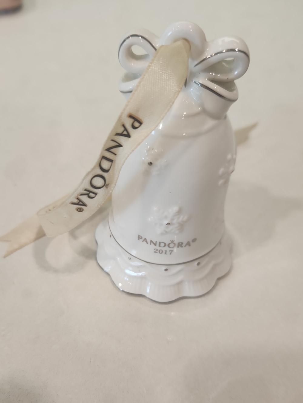 2017- Pandora White Porcelain Bell Ornament with Silver Accents- No Box